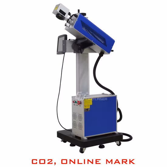 Data di scadenza, Codifica, Stampa logo, Marcatura numeri, Macchina volante laser CO2 per bottiglie d'acqua in plastica, Settore farmaceutico, cosmetico, Alimentare, PE, PP, Numerazione, Marcatura cavi